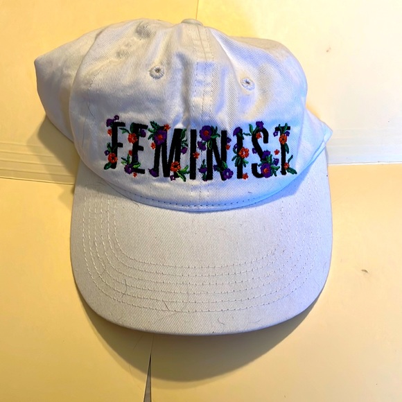 Baseball cap style white adjustable floral hat with Feminist embroidered front - Picture 1 of 2